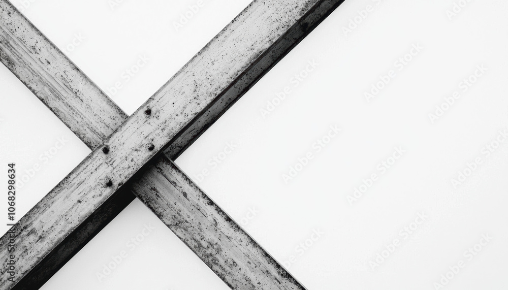 Poster a minimalist image featuring two crossed wooden beams against a plain background, emphasizing simpli