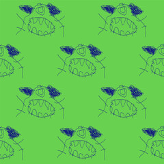 Cute green alien monster sketch seamless pattern. Childish primitive drawing. Scary art. Picture painted by a kid. A poster on the wall