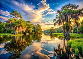 Obraz premium Captivating Swamp Landscape with Majestic Trees in Florida, Emphasizing Natural Beauty and Tranquility with Copy Space for Text or Graphics