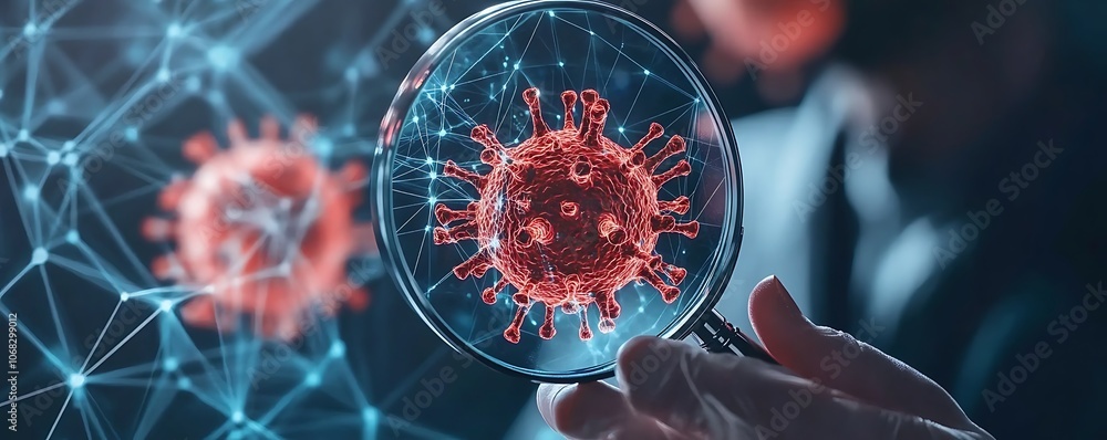 Poster a magnified view of a virus model, highlighting its structure and connections in a digital context.