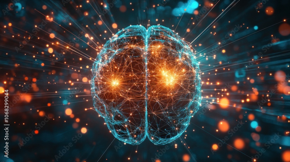 Poster 3d illustration of digital human brain with glowing dots and lines on dark background - generated ai