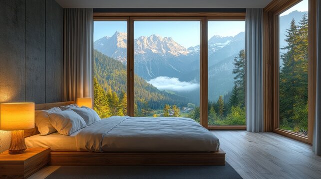 Minimalist bedroom with large windows overlooking mountain valley.