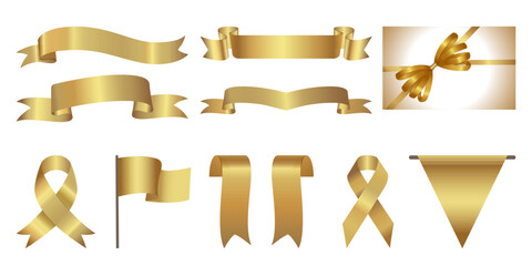 Golden award ribbon banners for text. Band for text, ribbon loop. Gift Card WithGolden Ribbon And A Bow, Label Design. Blank Gold award Ribbon Collection Pack Template. Vector of various shapes