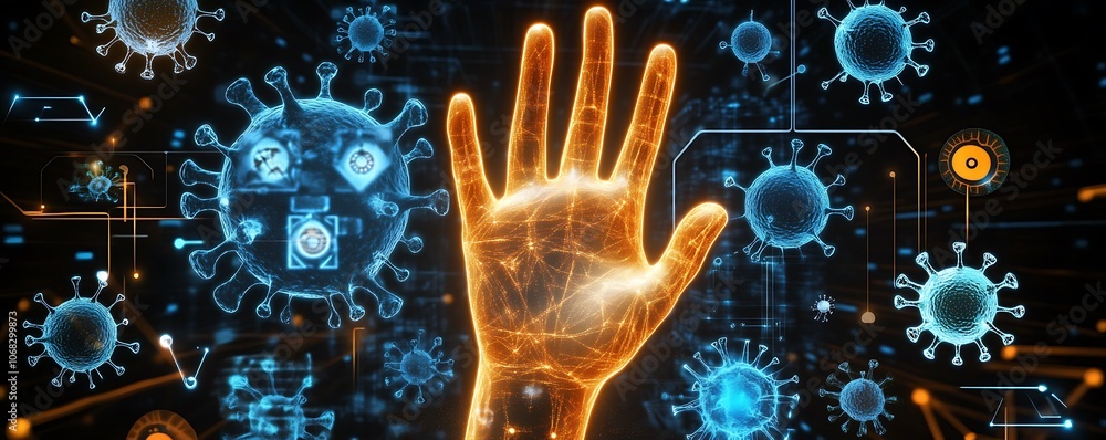 Aufkleber a digital representation of a hand interacting with virus imagery and data elements.