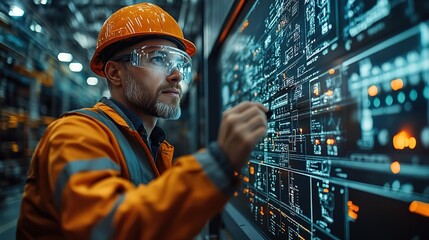 Showcasing predictive maintenance in factories, a factory worker views a holographic projection of a machine internals. Innovative solution for proactive issue detection and 4k Resolution 