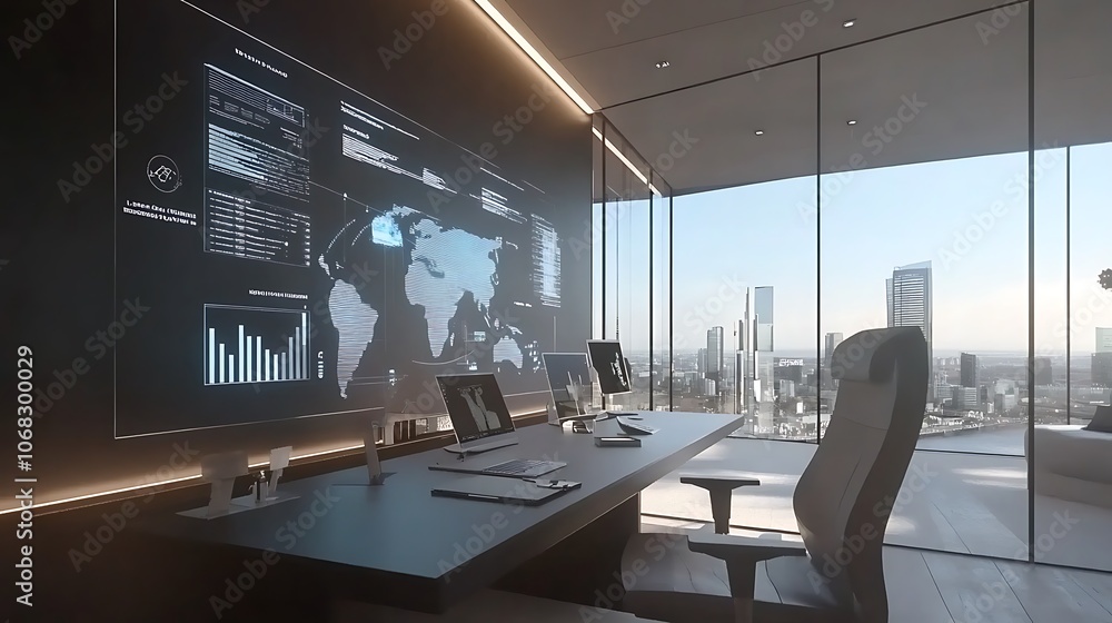 Poster modern office with city view and data visualization display