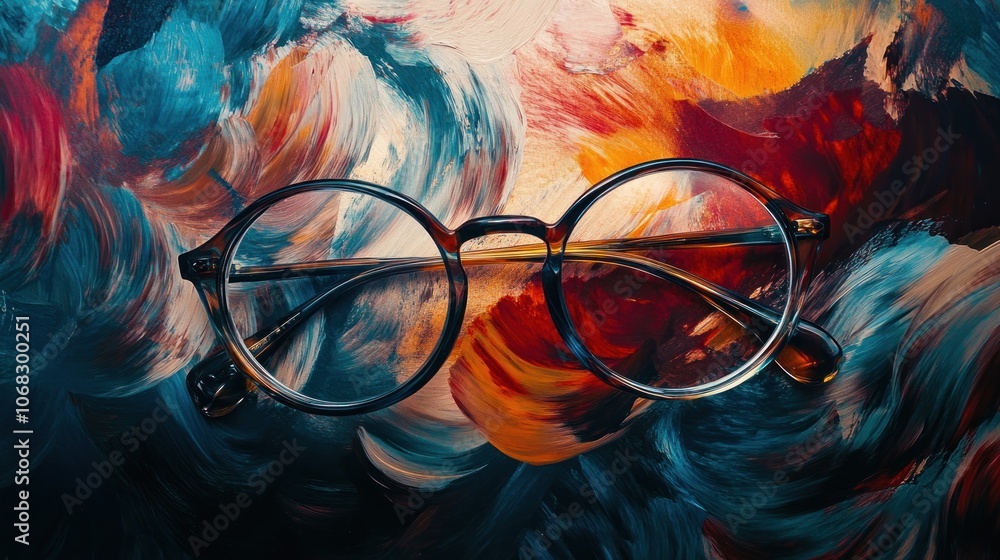 Poster round glasses on a colorful abstract background, creating a visually striking image.