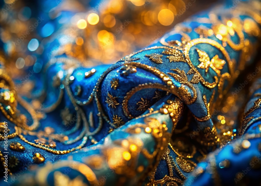 Poster captivating tilt-shift photography of intricate textured fabric pattern in shimmering gold and blue 