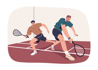 Squash, court game, sport activity. Men players, athlete partners playing sport with racquet and ball. Happy healthy male characters in gym. Flat vector illustration isolated on white background