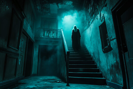 A person walking up a set of stairs in an abandoned building