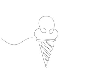 Continuous one line drawing of ice cream cone. One line drawing illustration of delicious ice cream in waffle cone. Waffle, cold and sweet food for dessert concept single line. Editable outline