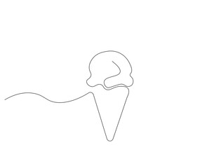 Continuous one line drawing of ice cream cone. One line drawing illustration of delicious ice cream in waffle cone. Waffle, cold and sweet food for dessert concept single line. Editable outline