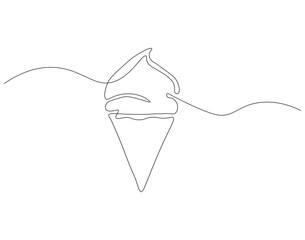 Continuous one line drawing of ice cream cone. One line drawing illustration of delicious ice cream in waffle cone. Waffle, cold and sweet food for dessert concept single line. Editable outline