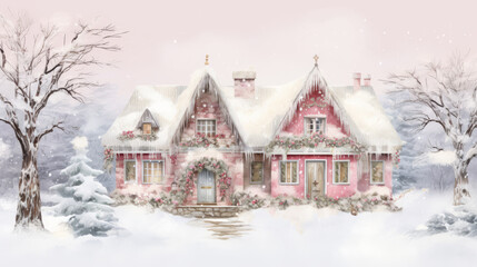 Twilight falls on a pink house decorated with christmas lights and surrounded by a snowy landscape