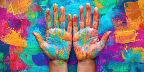 Two hands painted in a colorful and abstract style