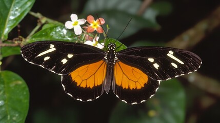 Fototapeta premium Vibrant Butterfly Close-Up on Blooming Flower in Forest - Ultra-Detailed Nature Photography Capturing Intricate Patterns and Rich Flora Colors