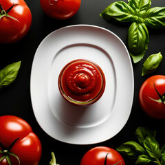 A white plate with a jar of ketchup and a bunch of tomatoes and basil