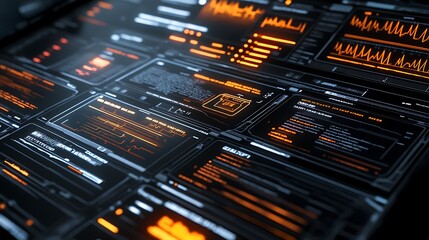 Obraz premium A digital dashboard displaying data analytics and system metrics in a futuristic interface.