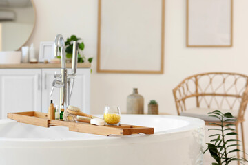 Interior of modern bathroom with bathtub, houseplants and cosmetic products