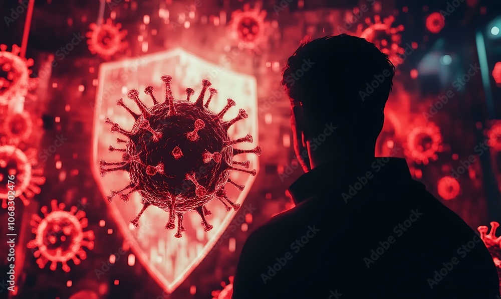 Poster a person silhouettes against a digital display of a virus shield and floating virus particles.