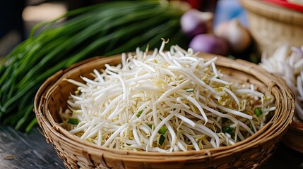 Fresh Bean Sprouts in a Wicker Basket