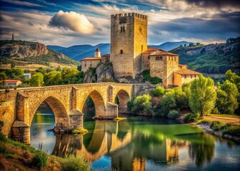 Naklejka premium Captivating Vintage Style Photograph of the Medieval Bridge Tower in Frias, Spain, Overlooking the Picturesque River Ebro in Burgos Province, Castile and Leon