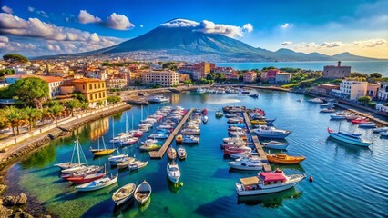 Stunning Aerial View of Torre del Greco Marina with Vibrant Boats, Clear Waters, and Scenic Coastal Landscape in Southern Italy Under Bright Blue Sky