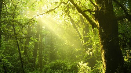 Obraz premium Golden Illumination: Enchanting Forest with Moss-Covered Trees and Ethereal Mist