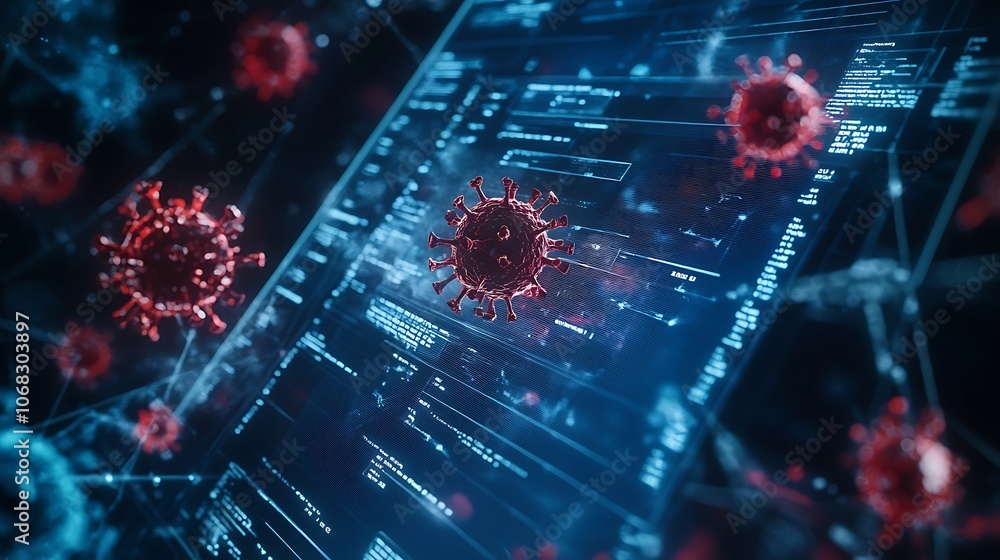 Poster digital representation of a virus interacting with data, symbolizing technology and health.