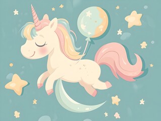 Cheerful Unicorn Galloping Under the Starry Night Sky with Balloons
