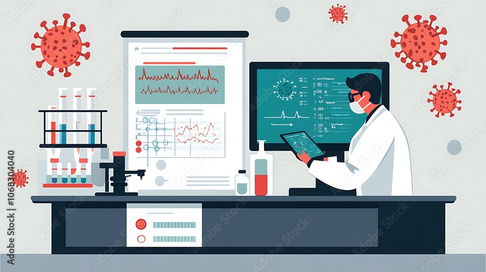 Poster a scientist analyzes data in a lab focused on covid-19 research.