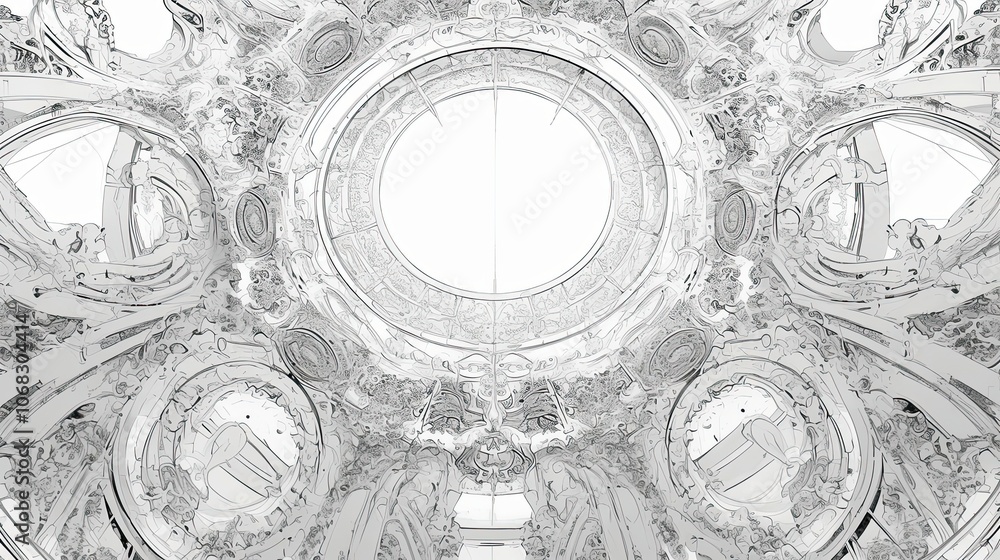 Poster A Monochromatic Sketch of a Circular Architectural Detail with Intricate Patterns