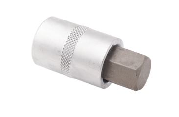 Head with hexagonal insert on white background.