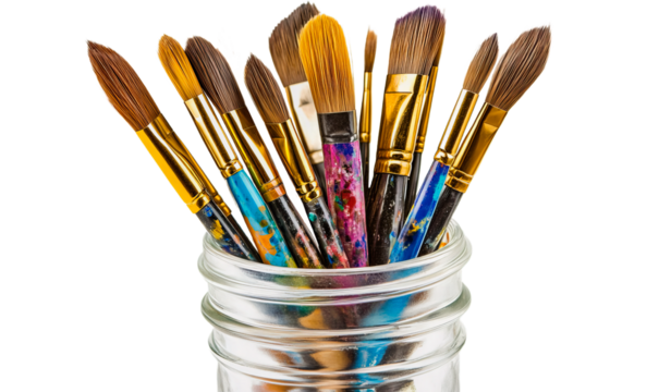 Close-up of various colorful paintbrushes in a glass jar, ideal for art, painting, and creative work, isolated isolated on transparent background
