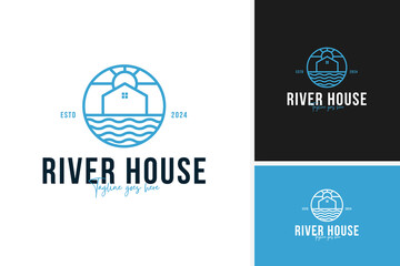 Creative house river logo design vector for peaceful retreat branding illustration idea