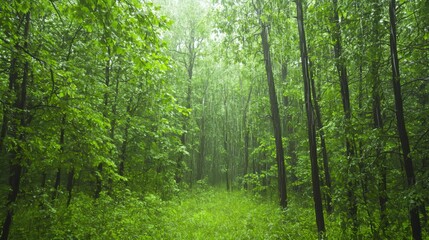 Obraz premium Majestic Forest in the Rain: Tranquil Nature Sounds and Resilient Beauty | Ultra-Detailed Image of Serene Rainy Forest Scene.