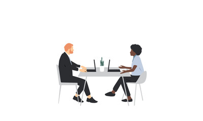 Man and woman are sitting at a table, talking. Communication concept.