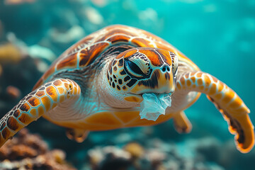 Fototapeta premium Sea Turtle with Plastic Bag