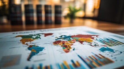 Fototapeta premium Global business strategy meeting with a world map and international data
