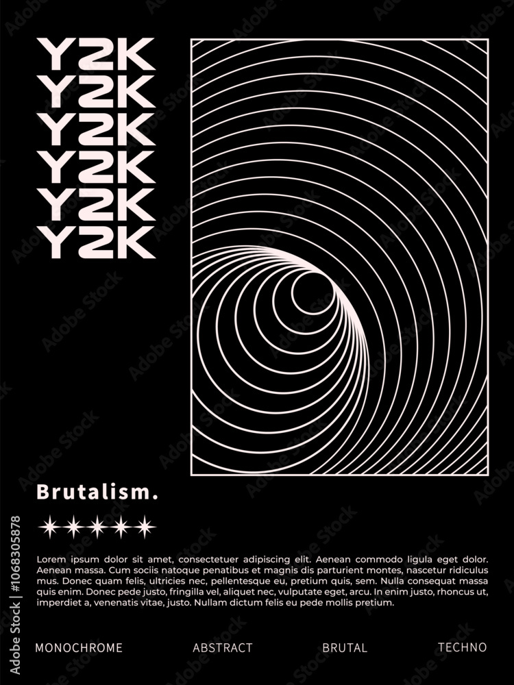 Poster black and white y2k poster with 3d wireframe shape in psychedelic aesthetic. retro futuristic rave c