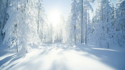 Fototapeta premium Winter Wonderland: Serene Forest with Snow-Covered Glistening Branches - A Symbol of Resilience