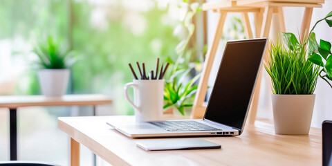Fototapeta premium Cozy eco-style workspace with a light. airy atmosphere. Featuring houseplants, wooden surfaces, plenty of natural light. home office, coworking space, freelance work, traveling. Generative Ai content