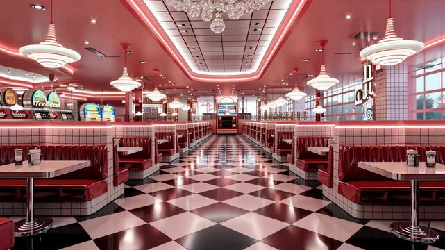 Nostalgic Vibes in Vibrant Retro Diner Enjoy Classic Dining with Red Booths, Checkered Floor, and Bright Lighting