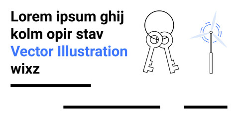 Two keys on a ring, wind turbine, black underlines, and placeholder text. Ideal for website design, energy sector, corporate branding, digital marketing, educational materials, technical documents