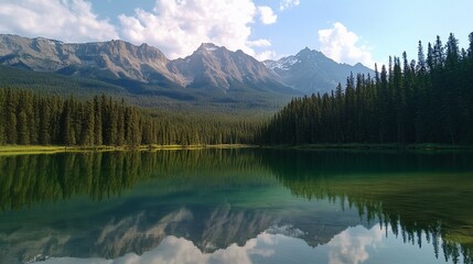 Fototapeta premium A serene mountain lake with crystal clear water reflecting the surrounding forested hills and a bright blue sky with white clouds.