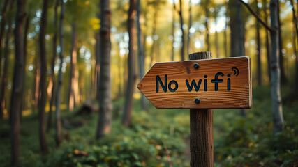 A wooden sign in a forest reads "No Wi-Fi," encouraging a digital detox