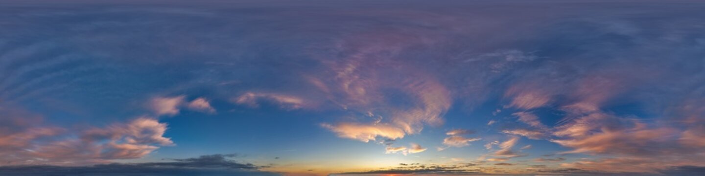 pink blue evening sky hdri 360 panorama view with zenith and awesome clouds before sunset for use in 3d graphics as sky dome or edit drone shot as sky replacement