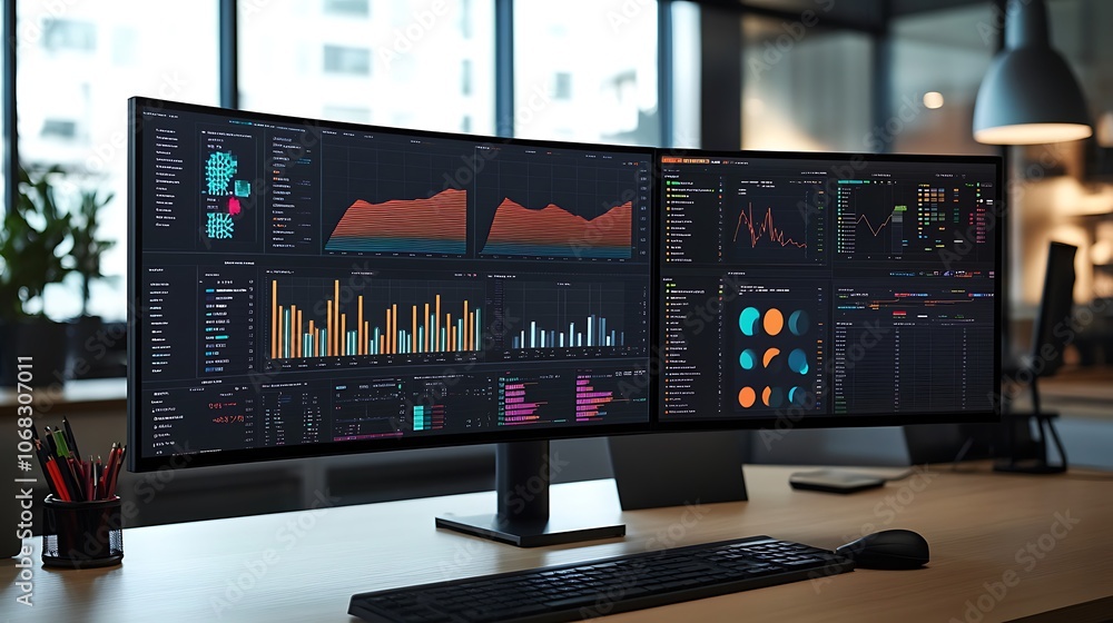 Poster dual curved monitors displaying financial data and charts
