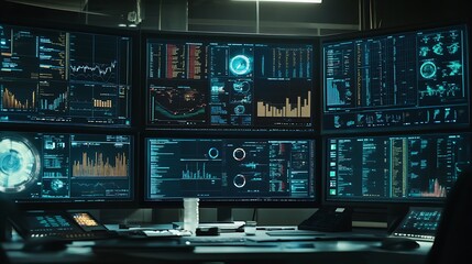 Multiple Computer Monitors Displaying Data and Graphs in a Dark Room