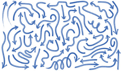 Collection of blue ink hand drawn arrow. Set of charcoal arrows